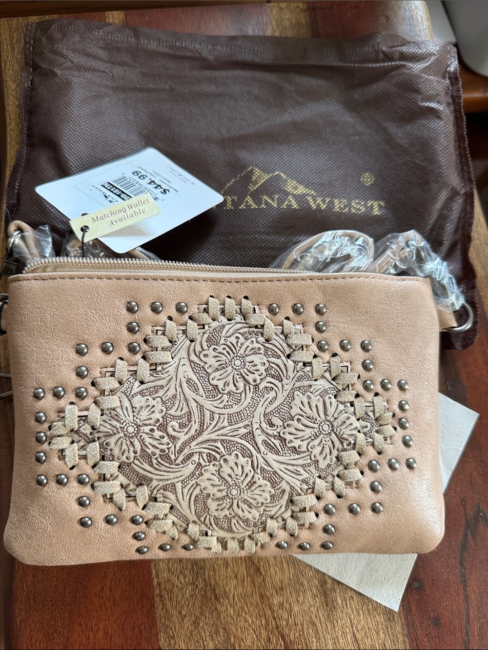 Montana West Blush Tan Floral Embossed Wristlet Clutch